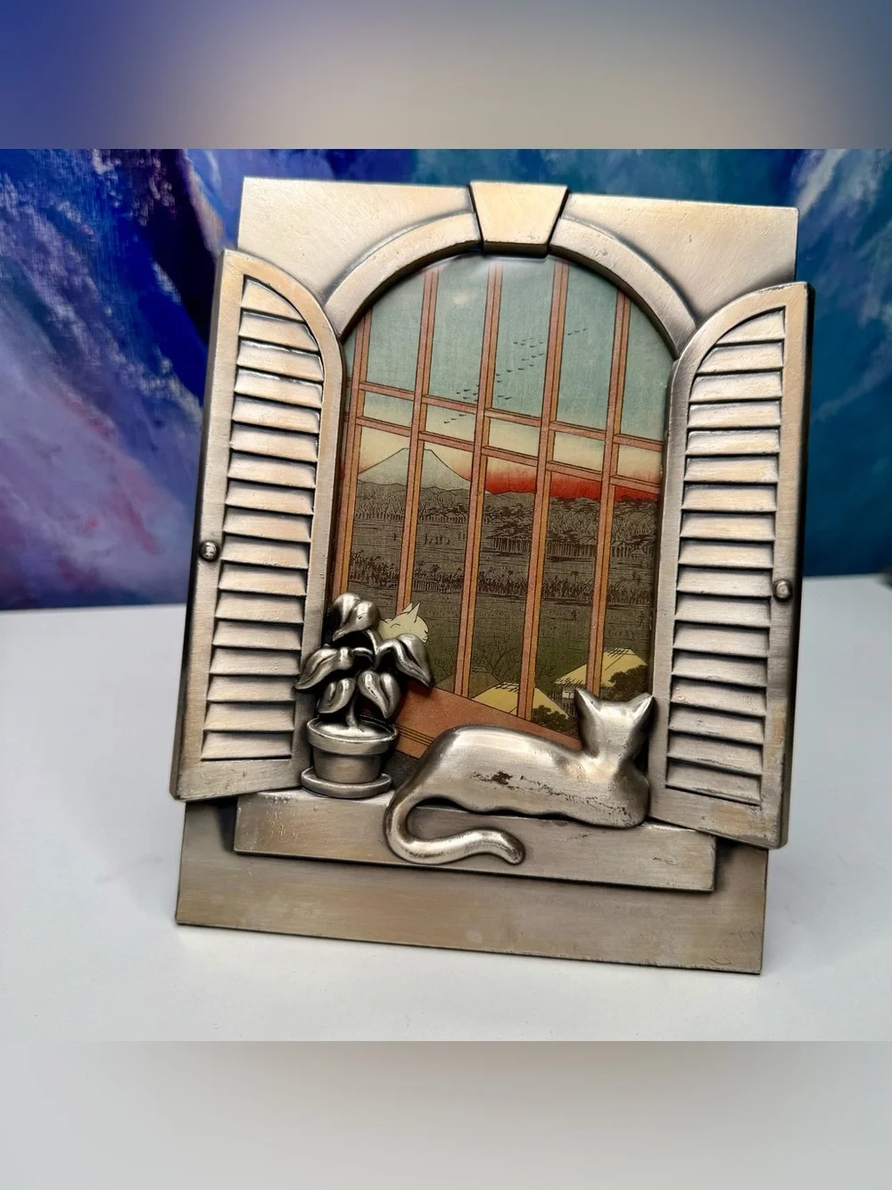 Cat in Window Picture Photo Frame Silver Tone Vintage for 4x6 Photograph Whimsy